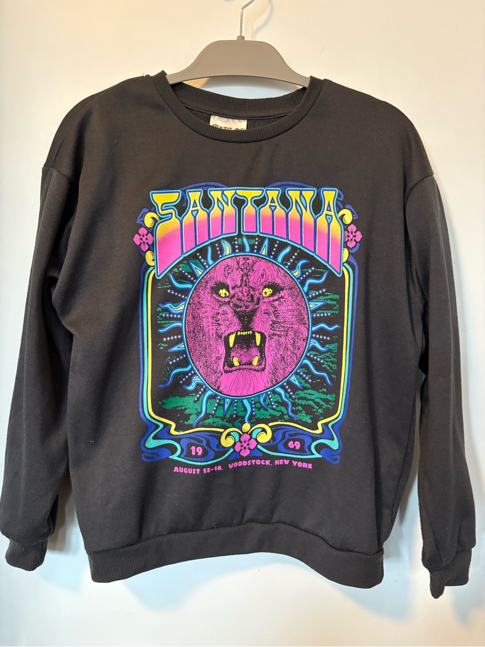 Carlos Santana Black Crewneck with Neon Pink & Yellow Graphic